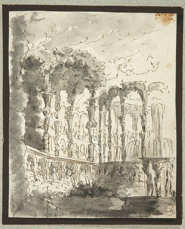Scena raffigurante un giardino con gazebo e fontane, GIARDINO (disegno) di Vacca Luigi (sec. XIX)