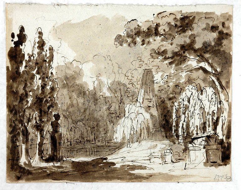 Scena raffigurante un bosco con monumenti funebri/ Schizzo per scena raffigurante un giardino con grande edificio sul fondo, PAESAGGIO CON ARCHITETTURE (disegno) di Vacca Luigi (sec. XIX)