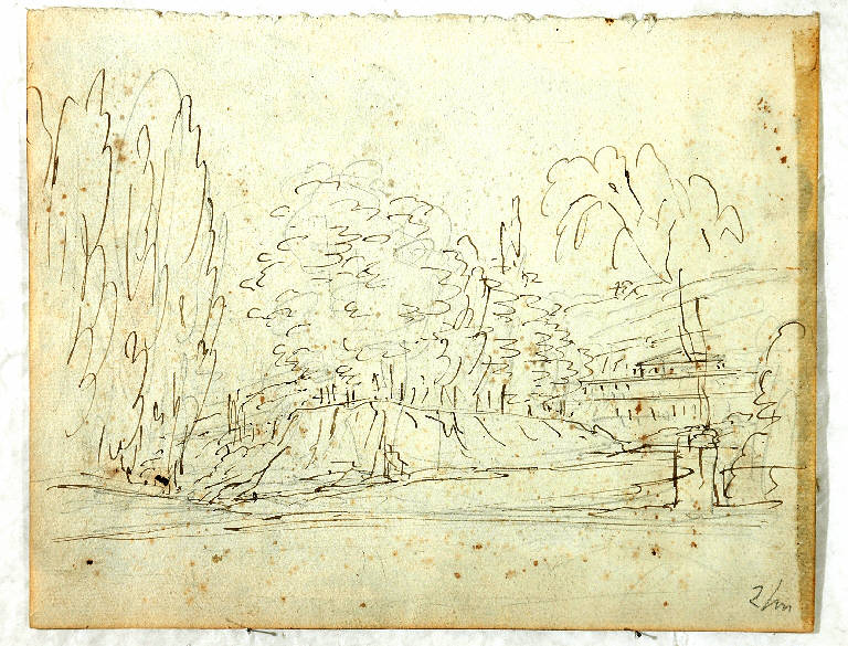 Schizzo per scena raffigurante un giardino con grande edificio sul fondo, PAESAGGIO CON ARCHITETTURE (disegno) di Vacca Luigi (sec. XIX)