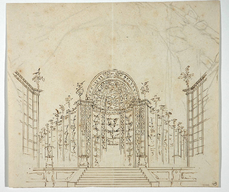 Schizzo per scena con nicchia cui si accede da scalinata, ARCHITETTURA ILLUSIONISTICA (disegno) di Vacca Luigi (sec. XIX)