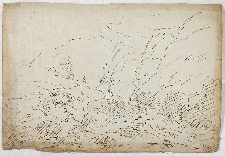 Schizzo per scena raffigurante un paesaggio montuoso, PAESAGGIO MONTANO (disegno) di Vacca Luigi (secondo quarto sec. XIX)