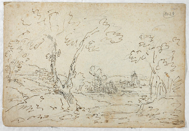 Scena raffigurante un paesaggio con chiesa sul fondo/ Scena raffigurante un paesaggio con ponte e templi, PAESAGGIO/ PAESAGGIO (disegno) di Vacca Luigi (sec. XIX)