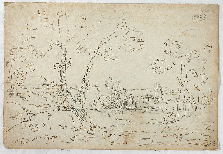 Scena raffigurante un paesaggio con chiesa sul fondo, PAESAGGIO (disegno) di Vacca Luigi (sec. XIX)