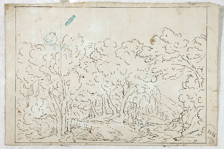 Scena raffigurante un bosco con ponticello in pietra, PAESAGGIO CON ALBERI (disegno) di Vacca Luigi (sec. XIX)