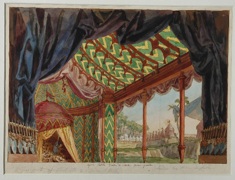 Scena per "Attila" raffigurante la tenda di Attila, PAESAGGIO CON ACCAMPAMENTO (disegno) di Vacca Luigi (secondo quarto sec. XIX)
