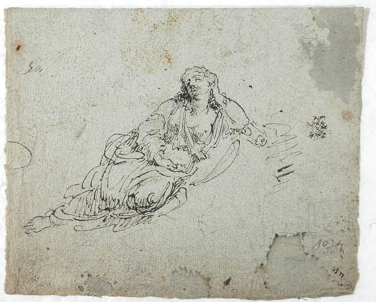Figura femminile seduta, FIGURA FEMMINILE PANNEGGIATA (disegno) di Morgari Paolo Emilio il Vecchio (attr.) (metà sec. XIX)