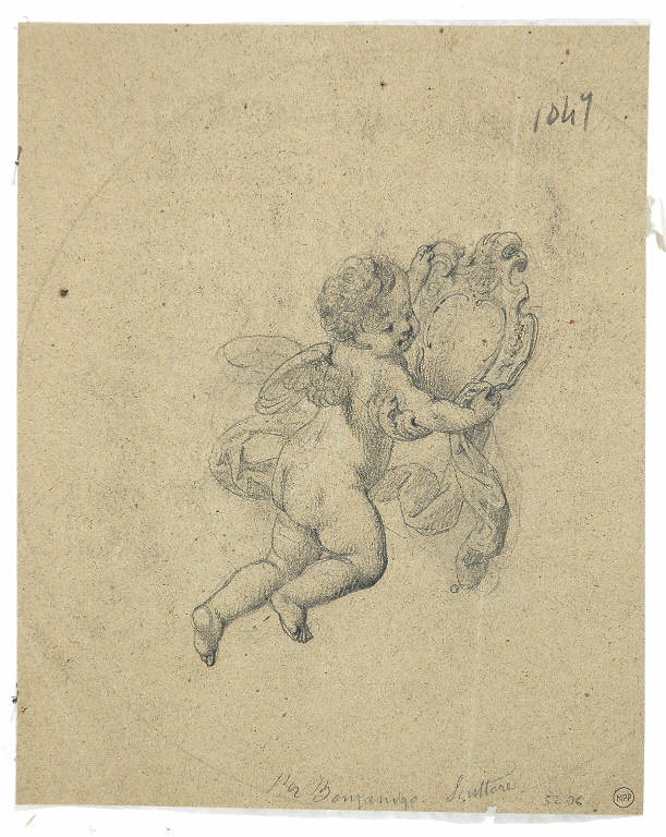 Amorino che si specchia, PUTTO CON SPECCHIO (disegno) di Morgari Paolo Emilio il Vecchio (attr.) (metà sec. XIX)