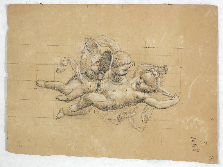 Due amorini con specchio, PUTTI CON SPECCHIO (disegno) di Morgari Paolo Emilio il Vecchio (attr.) (metà sec. XIX)