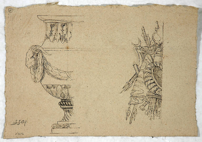Studio per anfora e faretra/ Studio per coppa decorata, VASO (disegno) di Morgari Giuseppe (attr.) (sec. XIX)