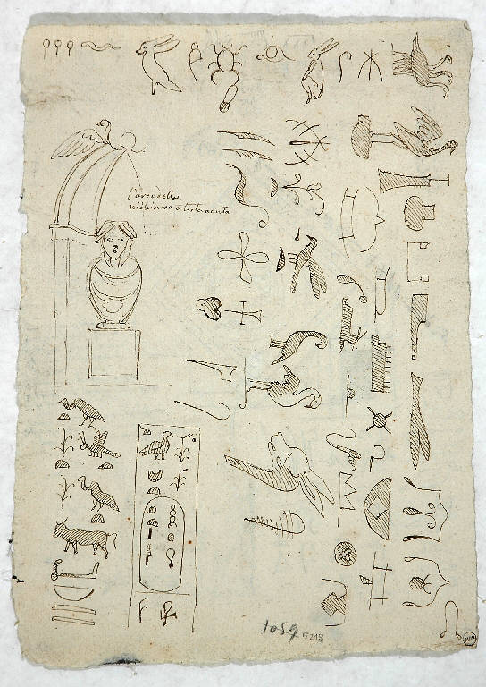 Studio per busto entro nicchia e simboli di tipo geroglifico, SIMBOLI EGIZI (disegno) di Morgari Giuseppe (attr.) (metà sec. XIX)