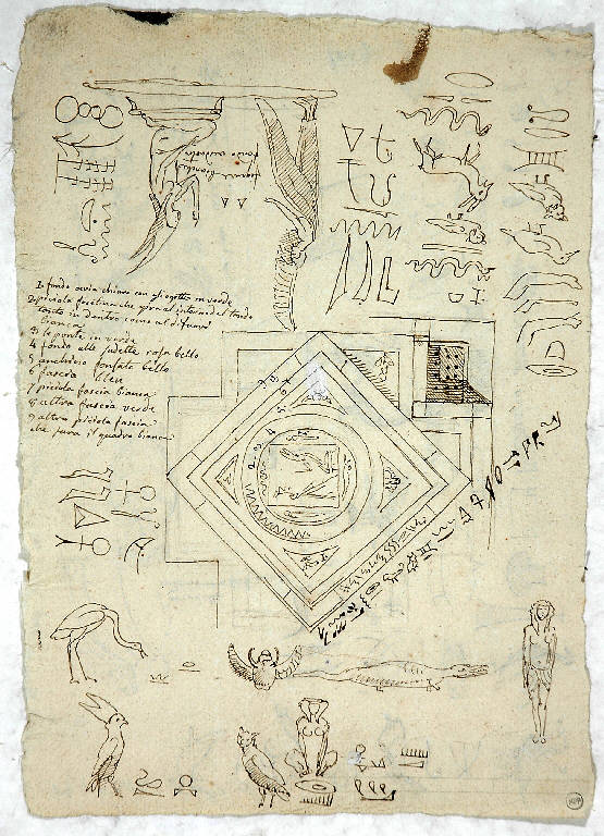 Riquadro decorato e simboli di tipo geroglifico, SIMBOLI EGIZI (disegno) di Morgari Giuseppe (attr.) (metà sec. XIX)