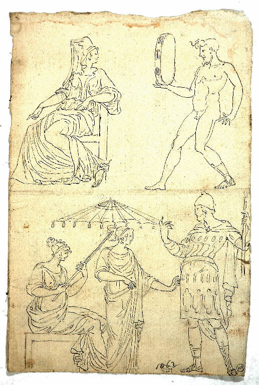 Studio per cinque figure mitologiche/ Studio per tre figure mitologiche, FIGURE FEMMINILI E MASCHILI (disegno) di Morgari Giuseppe (attr.) (sec. XIX)