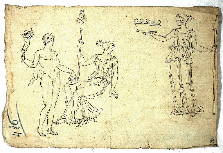 Studio per tre figure mitologiche, FIGURE FEMMINILI (disegno) di Morgari Giuseppe (attr.) (sec. XIX)