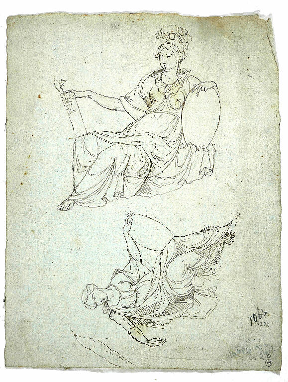 Studio per due figure mitologiche sedute e particolare anatomico di un braccio/ Studio per quattro angeli e una donna, FIGURE FEMMINILI (disegno) di Morgari Giuseppe (attr.) (sec. XIX)