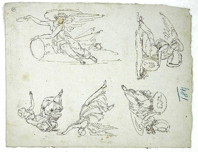 Studio per quattro angeli e una donna, FIGURE FEMMINILI (disegno) di Morgari Giuseppe (attr.) (sec. XIX)