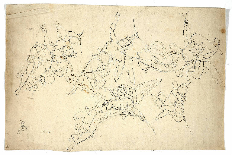 Quattro angeli e un putto, FIGURE FEMMINILI (disegno) di Morgari Giuseppe (attr.) (sec. XIX)
