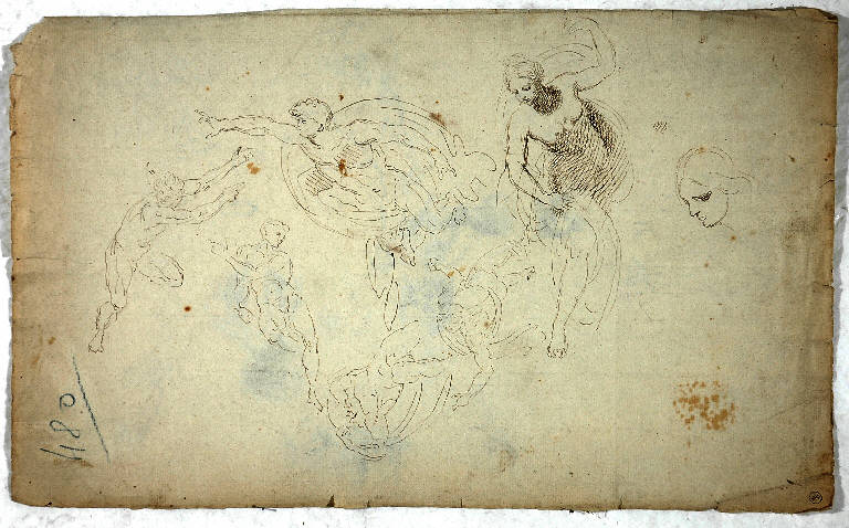 Studi di figure, teste e putti/ Studi di figure e di una testa, FIGURA FEMMINILE E FIGURE MASCHILI (disegno) di Morgari Rodolfo; Morgari Paolo Emilio il Vecchio (attr.; ) (metà sec. XIX)