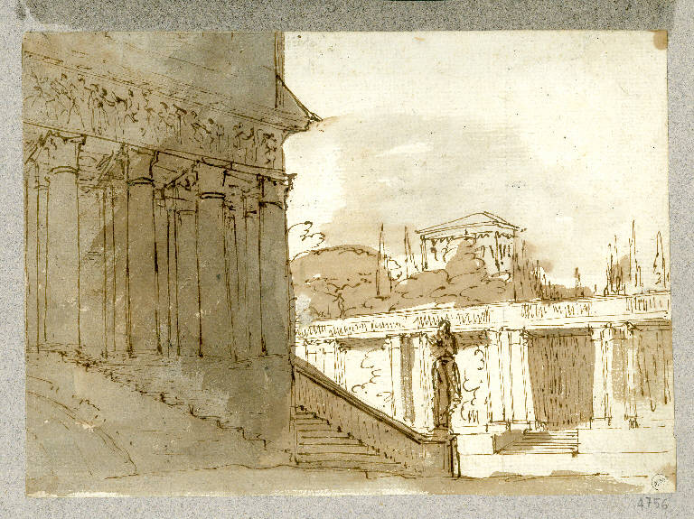 Scena raffigurante sontuoso edificio d'ispirazione classica e delizioso giardino sul fondo, Architettura illusionistica (disegno) - ambito Italia settentrionale (sec. XVIII)