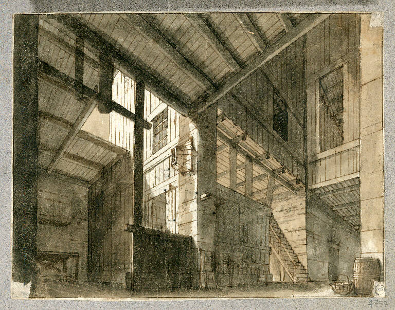 Scena raffigurante l'interno di un fienile, Interno (disegno) - ambito Italia settentrionale (prima metà sec. XIX)