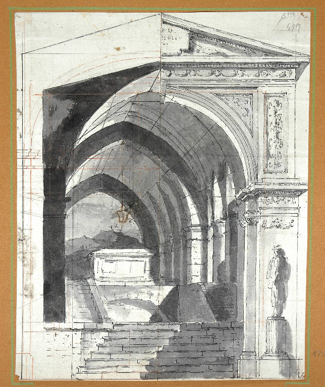 Tempio con sarcofago, Architetture (disegno) - ambito Italia settentrionale (prima metà sec. XIX)