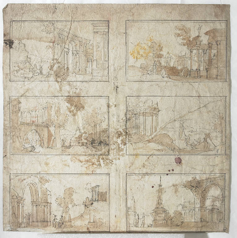 Sei piccoli capricci con rovine classiche e figurini, Architetture (disegno) - ambito italiano (primo quarto sec. XIX)