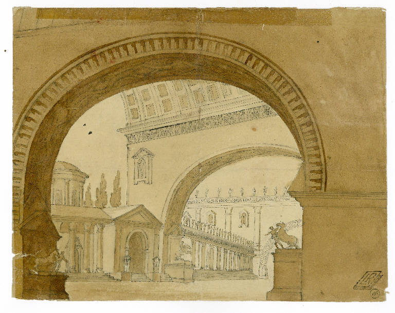 Scena con arco che introduce a magnifica città d'ispirazione classica, Architetture (disegno) - ambito Italia centro-settentrionale (primo quarto sec. XIX)