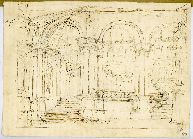 Scena raffigurante esterno architettonico con archi e scalinate, Architetture (disegno) - ambito Italia centro-settentrionale (seconda metà sec. XVIII)