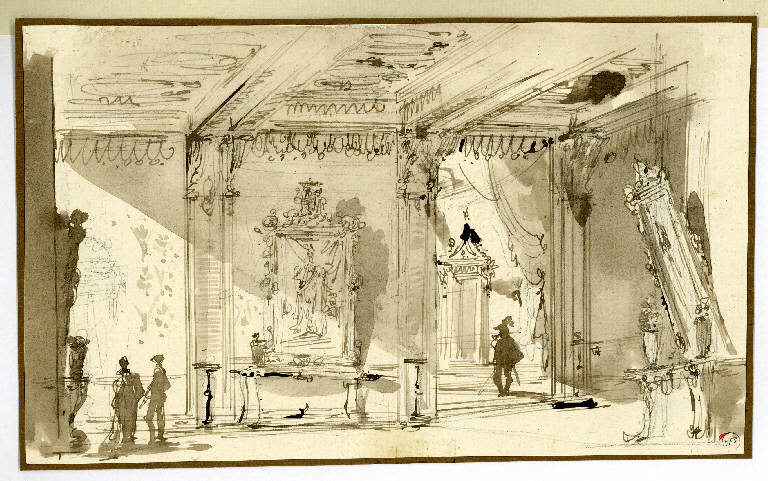 Scena raffigurante magnifica sala con quadri e figurini, Interno con figure (disegno) di Bison Bernardino (attr.) (fine/inizio secc. XVIII/ XIX)