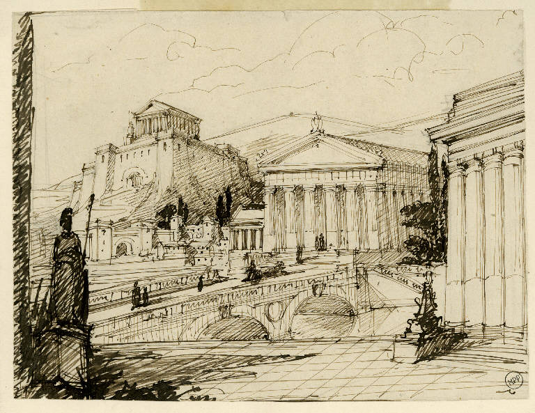 Veduta di città di ispirazione classica, Architetture (disegno) - ambito italiano (fine/inizio secc. XVIII/ XIX)