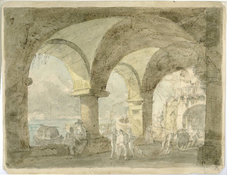 Scena raffigurante un portico con figure che si affaccia su un lago, Paesaggio lacustre con porticato (disegno) (secondo quarto sec. XIX)
