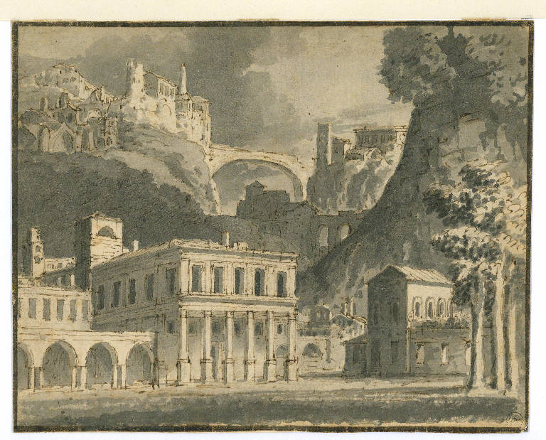 Veduta di città arroccata sulle montagne, Paesaggio con architetture (disegno) di Sanquirico Alessandro (attr.) (prima metà sec. XIX)