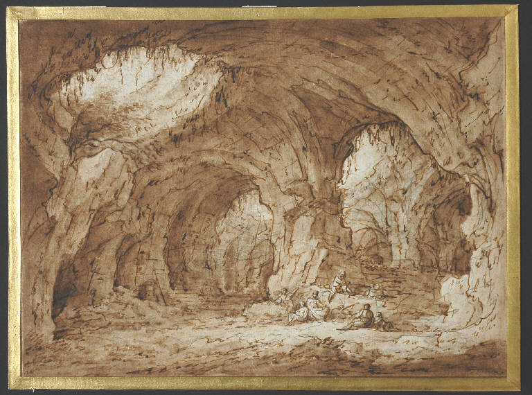 Grotta con figure, Paesaggio fantastico (disegno) di Gonzaga Pietro (attr.) (ultimo quarto sec. XVIII)