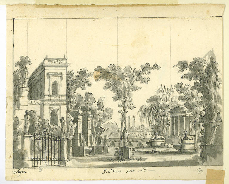 Scena raffigurante un magnifico giardino, Paesaggio fantastico (disegno) di Tasca Luigi (attr.) (primo quarto sec. XIX)