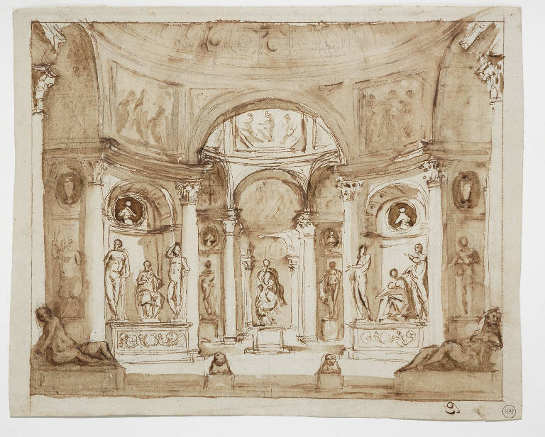 Magnifico interno con statue di ispirazione classica, Architettura illusionistica (disegno) di Juvarra Filippo (attr.) (inizio sec. XVIII)