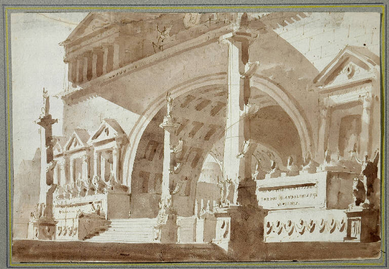 Scena con grandioso tempio in stile romano-egizio, Architettura illusionistica (disegno) di Zanichelli Prospero (attr.) (prima metà sec. XVIII)