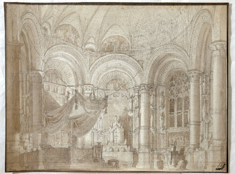 Scena raffigurante sontuosa stanza con baldacchino, Interno (disegno) di Perego Giovanni (attr.) (sec. XIX)