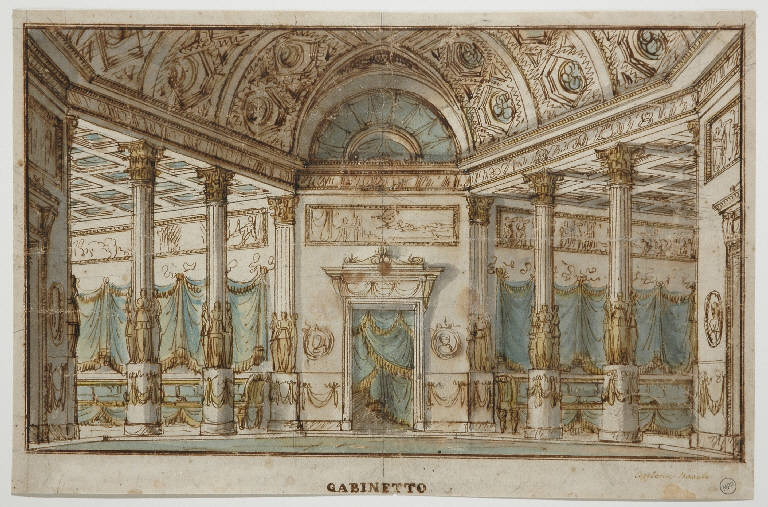 Scena raffigurante Gabinetto elegantemente decorato, Interno (disegno) di Basoli Antonio (attr.) (sec. XIX)