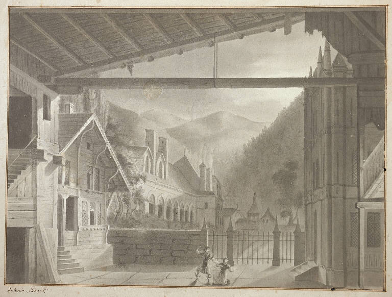 Scena raffigurante un cortile con figure, Interno (disegno) di Basoli Antonio (attr.) (sec. XIX)