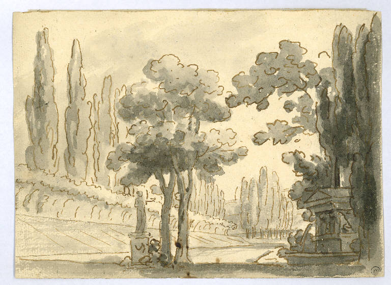 Scena raffigurante giardino con statua e piccolo monumento, Giardino con statue (disegno) - ambito Italia settentrionale (sec. XIX)