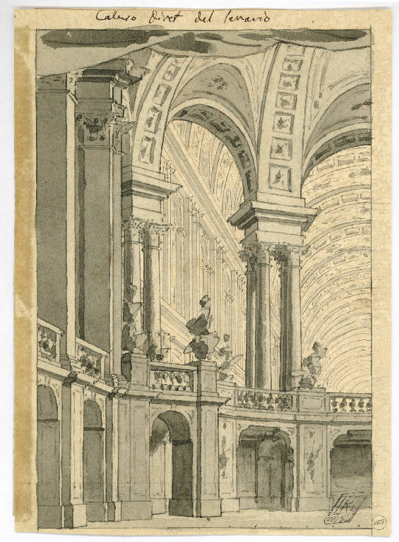Metà scena raffigurante interno magnifico, Interno (disegno) di Galliari Giuseppino (attr.) (ultimo quarto sec. XVIII)
