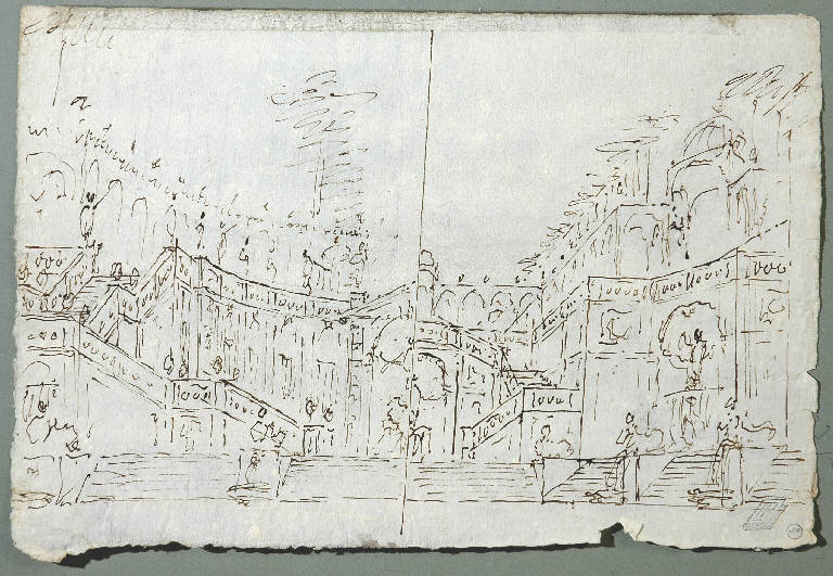 Due mezze scene raffiguranti esterni architettonici, Architettura illusionistica (disegno) di Galliari Fabrizio (attr.) (ultimo quarto sec. XVIII)