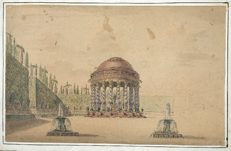 Giardino con tempietto circolare e fontane, Architettura illusionistica (disegno) di Quarenghi Giacomo (attr.) (primo quarto sec. XIX)