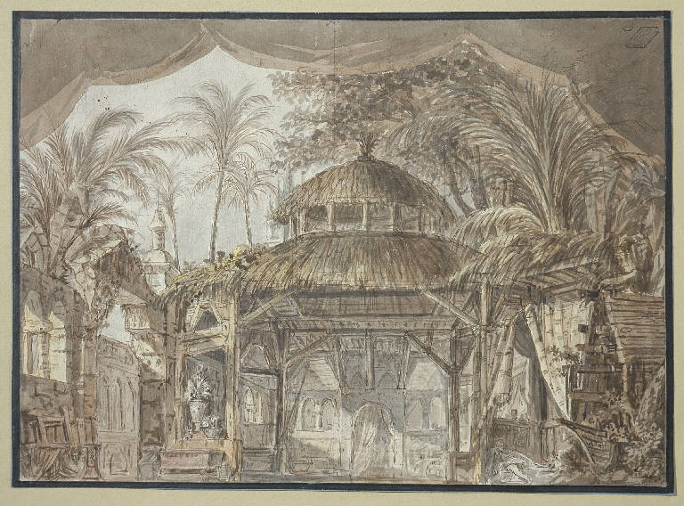 Scena teatrale d'ispirazione esotica, Veduta di citta' esotica (disegno) di Vacca Luigi (secondo quarto sec. XIX)