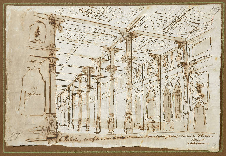 Scena raffigurante una galleria, Interno (disegno) di Galliari Fabrizio (terzo quarto sec. XVIII)