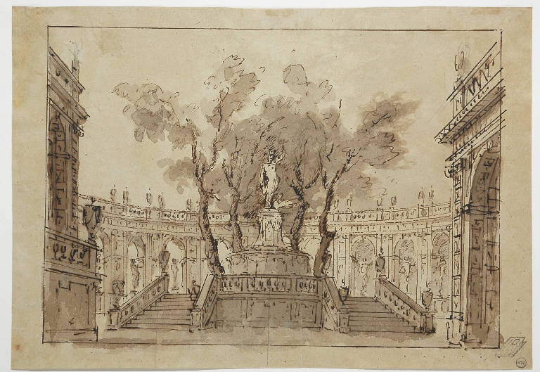 Scena raffigurante un esterno architettonico con monumento a pianta centrale, Giardino con statue (disegno) di Galliari Giuseppino (attr.) (terzo quarto sec. XVIII)