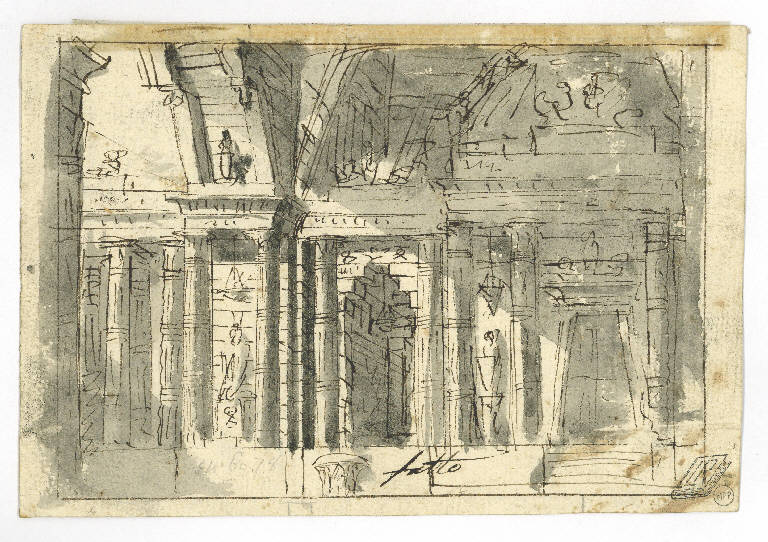 Scena raffigurante interno di tempio egizio, Interno (disegno) - ambito Italia settentrionale (terzo quarto sec. XVIII)