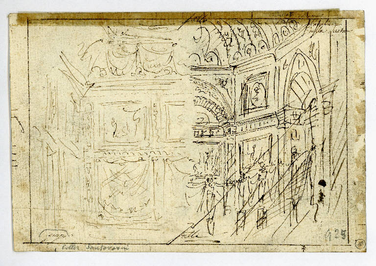 Due mezze scene raffiguranti l'interno di un tempio, Interno (disegno) - ambito Italia settentrionale (terzo quarto sec. XVIII)