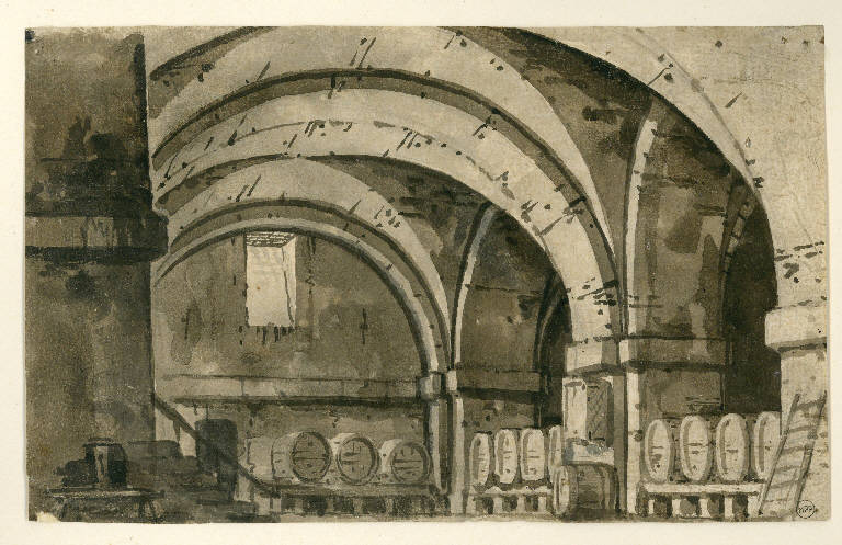 Scena raffigurante una cantina con botte, Interno (disegno) - ambito Italia settentrionale (prima metà sec. XIX)