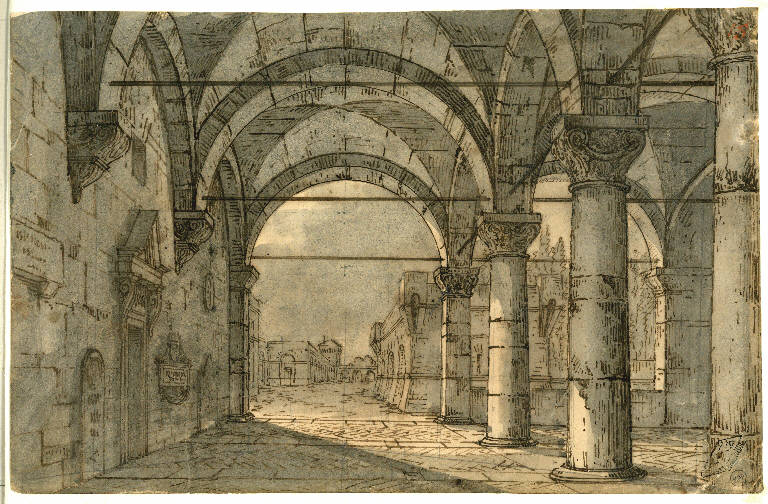 Scena raffigurante un cortile porticato, Paesaggio con architetture (disegno) - ambito Italia settentrionale (primo quarto sec. XIX)