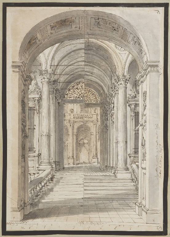 Due varianti accostate raffiguranti l'ingresso ad un palazzo con scalinata e corridoio, Architetture (disegno) - ambito Italia centro-settentrionale (fine/inizio secc. XVIII/ XIX)